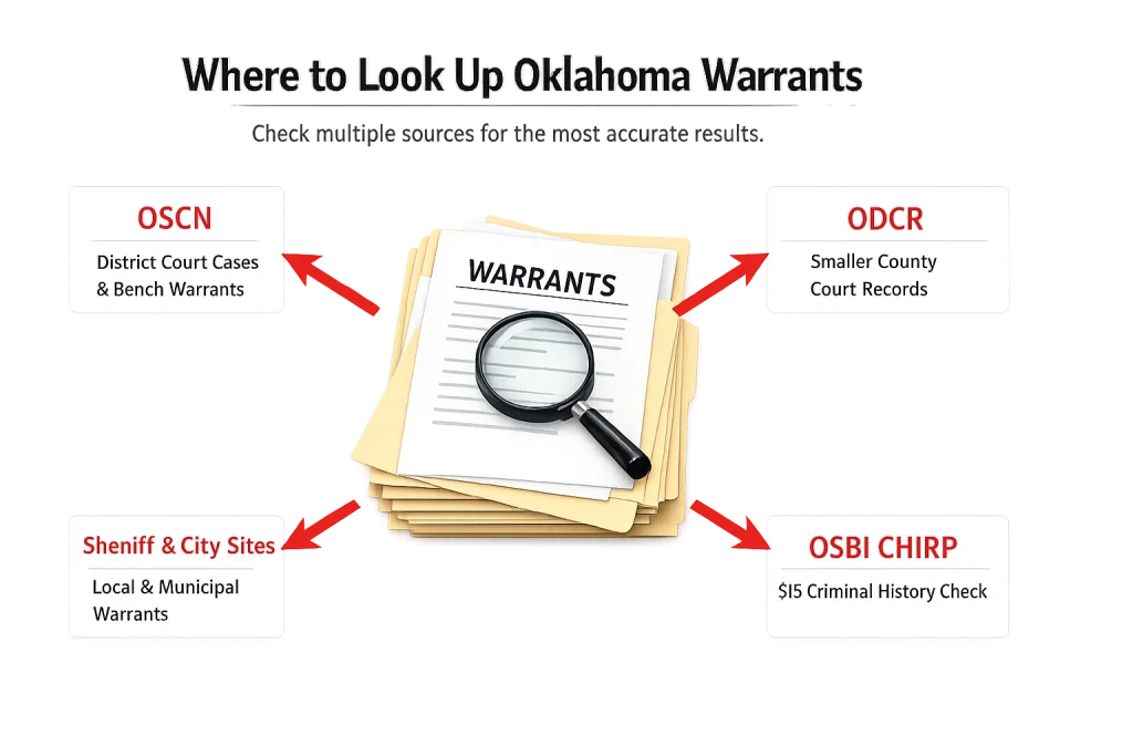 Oklahoma warrant search methods showing OSCN, ODCR, sheriff warrant sites, and OSBI CHIRP records